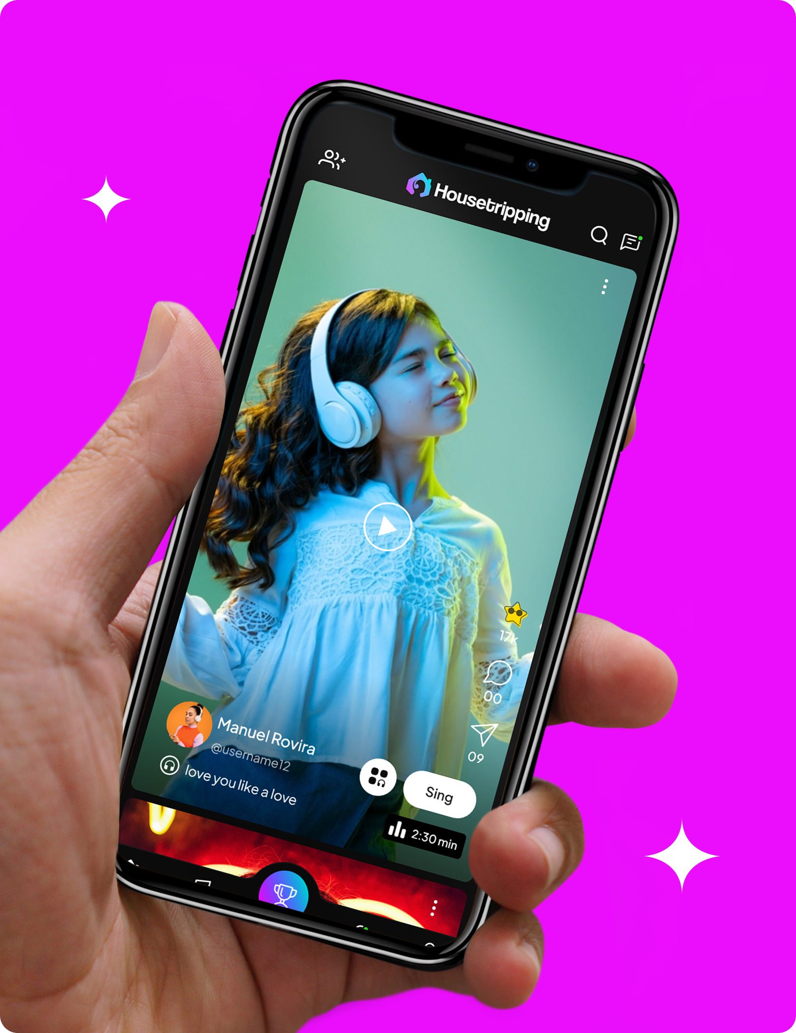 Mobile showing small girl Listing Music in Headphone Show housetripping App